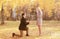 Kneeled man proposing ring to a woman in autumn