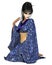 Kneeling Geisha in Blue Flower Kimono