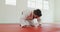 Kneeling judoka saluting on the judo mat