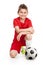 Kneeling young soccer player with football