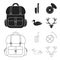 Knife with a cover, a duck, a deer horn, a compass with a lid.Hunting set collection icons in black,outline style vector