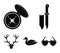 Knife with a cover, a duck, a deer horn, a compass with a lid..Hunting set collection icons in black style vector symbol