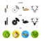 Knife with a cover, a duck, a deer horn, a compass with a lid.Hunting set collection icons in cartoon,black,flat style