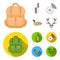 Knife with a cover, a duck, a deer horn, a compass with a lid.Hunting set collection icons in cartoon,flat style vector