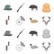 Knife with a cover, a duck, a deer horn, a compass with a lid.Hunting set collection icons in cartoon,monochrome style