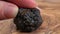 Knife cuts a rare black truffle mushroom on the wooden board