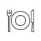 Knife, fork, dish line icon, outline vector sign, linear style pictogram isolated on white.