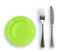 Knife, green plate and fork isolated top view