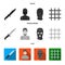 Knife, prisoner, mask on face, steel grille. Prison set collection icons in black, flat, monochrome style vector symbol