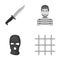 Knife, prisoner, mask on face, steel grille. Prison set collection icons in monochrome style vector symbol stock