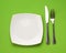 Knife, square white plate, fork on green top view