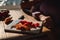 Knife and vegetables on a cutting board with couple beside