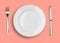 Knife, white plate and fork on pink background