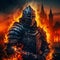 Knight in armor against the background of fire, metal armor of a military theme. Game character in the style of dark souls