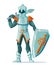 Knight in armor with swords, shield stand on white