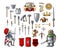 Knight cartoon character with different game medieval weapons elements set