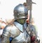 Knight in a helmet and armor at the historical reconstruction of the