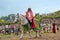 Knight helmet and shield on horseback through the joust