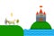 Knight, horse and castle on river, simple flat vector illustration. Chivalric fortress on green hill, rock. Horseman on