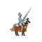 Knight on horse with lance in hand. Brave warrior in steel armor and helmet with red plume. Flat vector design for