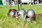 Knight`s helmets on the grass closeup. Historical and medieval concept