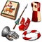 Knight`s set - book, hand in armour, royal dress, sword and other image. Six icons isolated. Vector in cartoon style