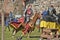 A knight with a spear on a horse at the Russian Fortress festival of historical reconstruction