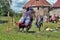 A knight with a spear on a horse at the Russian Fortress festival of historical reconstruction