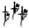 Knight sword and rose flower black and white vector design set