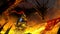A knight in thick shiny armor with a burning flag stands in the middle of a burned city in front of a huge black dragon, which