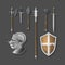 Knight weapons and armor. Warrior sword, shield and helmet. Realistic 3d medieval icon for game