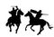 Knights in armor with sword and shield riding horse vector silhouette isolated. Horseman medieval fighters in battle. Cavalryman.