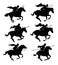 Knights are jumping. Object set. Scenery silhouette. Medieval warriors with spears and in armor ride horses. Isolated on