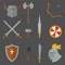 Knights symbols medieval weapons heraldic knighthood elements medieval kingdom gear knightly vector illustration.