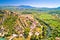 Knin fortress on the rock and Krka river aerial view