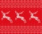 Knit christmas design with deers and ornament. Xmas seamless pattern red background. Knitted winter sweater texture.