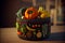 Knitted basket with healthy vegetarian food, organic fruit and vegetable