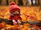a knitted doll in a red hat sits on a log in autumn leaves