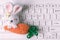 . Knitted Easter bunny on a blue background with a keyboard. Happy easter. Blank for Easter greetings for people whose profession