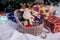 knitted elk. cute moose. toy against the background of a New Year\\\'s garland, knitted hare and elk on a Christmas tree