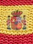 Knitted flag of Spain outside in Teruel region, Aragon, Spain. Concepts of patriotism and political support