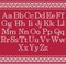 Knitted font on red background. Christmas knit alphabet on seamless pattern. Nordic Fair Isle knitting border. Sweater Christmas