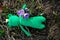 Knitted frog with crocuses. Handmade toy - green frog for baby. Green Knitted Frog Traveler. Frog princess