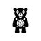 Knitted plush toy with cartoon bear illustration, knitting needles and ball of thread. Isolated vector drawing.