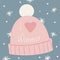 Knitted rose cap with a pompom, snowflakes and inscription I love winter, vector illustration. Happy new year and good