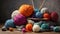 Knitted scarves and needles: colorful wool balls and needlework