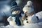 Knitted snowmen in the snow. AI Generated
