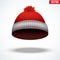 Knitted woolen red cap. Winter seasonal blue hat.