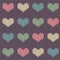 Knitted woolen seamless pattern with colored hearts on a vintage purple background