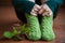 Knitted woolen warm socks with leafs